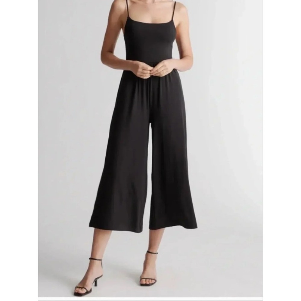 Quince Tencel Jersey Wide Leg Jumpsuit Black Medium Spaghetti Strap Cropped